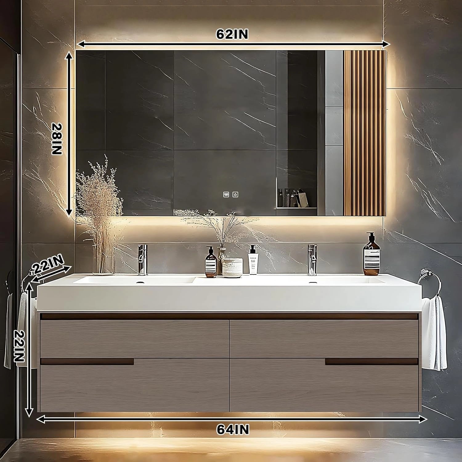 60” - 78” Modern Simple Bathroom Vanity Includes Square Mirror & Hidden Handle