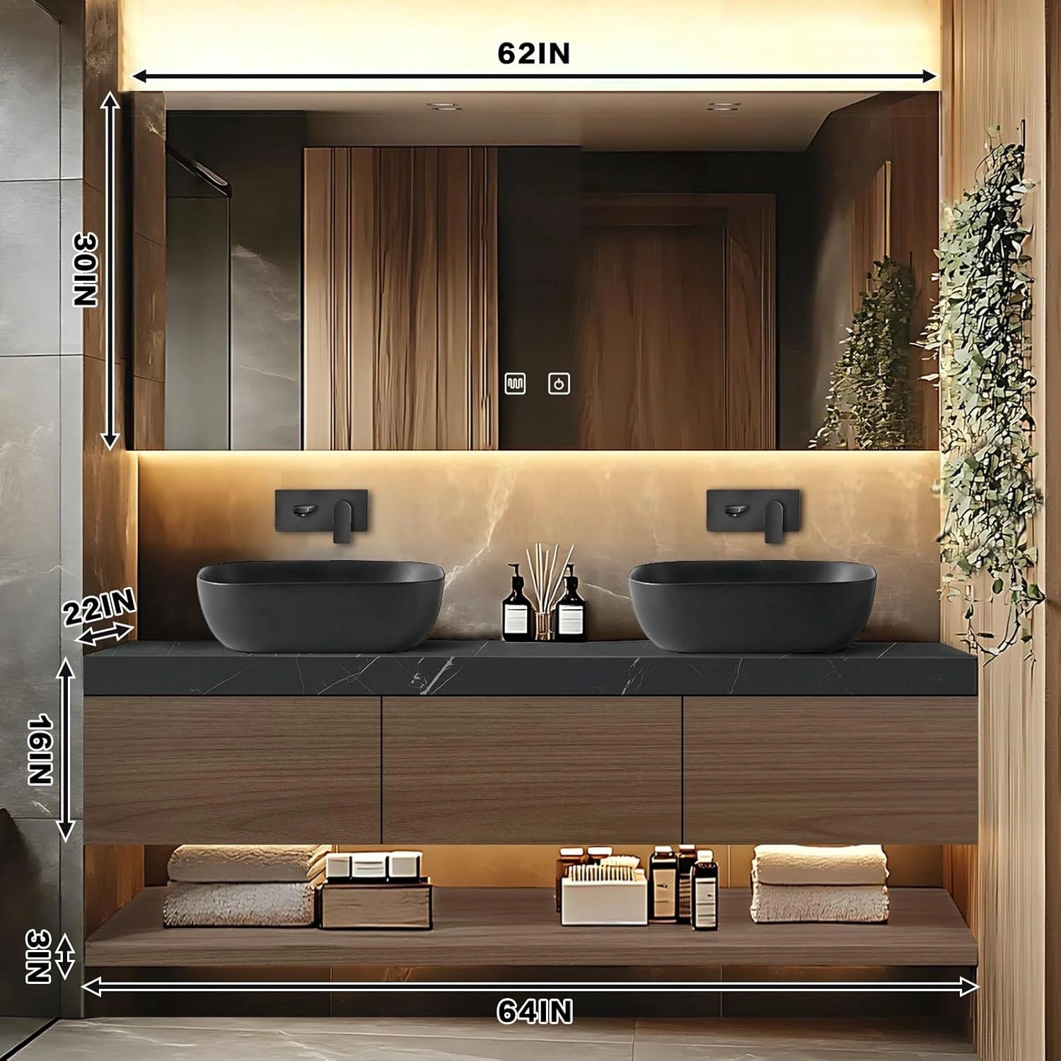 60” - 68” Minimalist Bathroom Vanity Includes Grey Sink & Wood Grain Cabinet