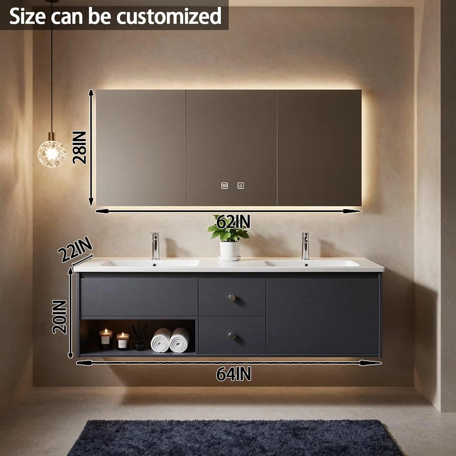 60” - 84” Grey Wall Mount Bathroom Vanity with LED Anti-Fog Mirror