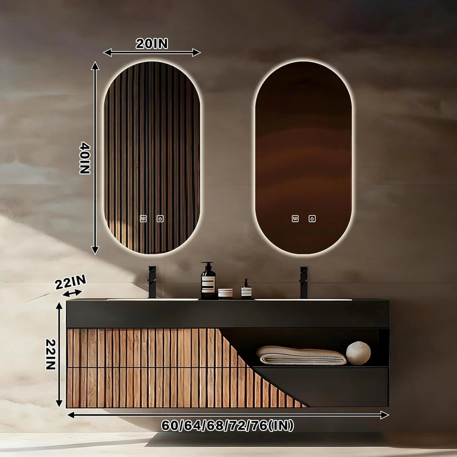 60” – 96” Modern Minimalist Bathroom Vanity with Wooden Strip Cabinet