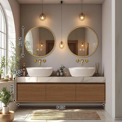 60” - 84” Minimalist Cozy Bathroom Vanity Includes Round Mirrors & Log Style Cabinet