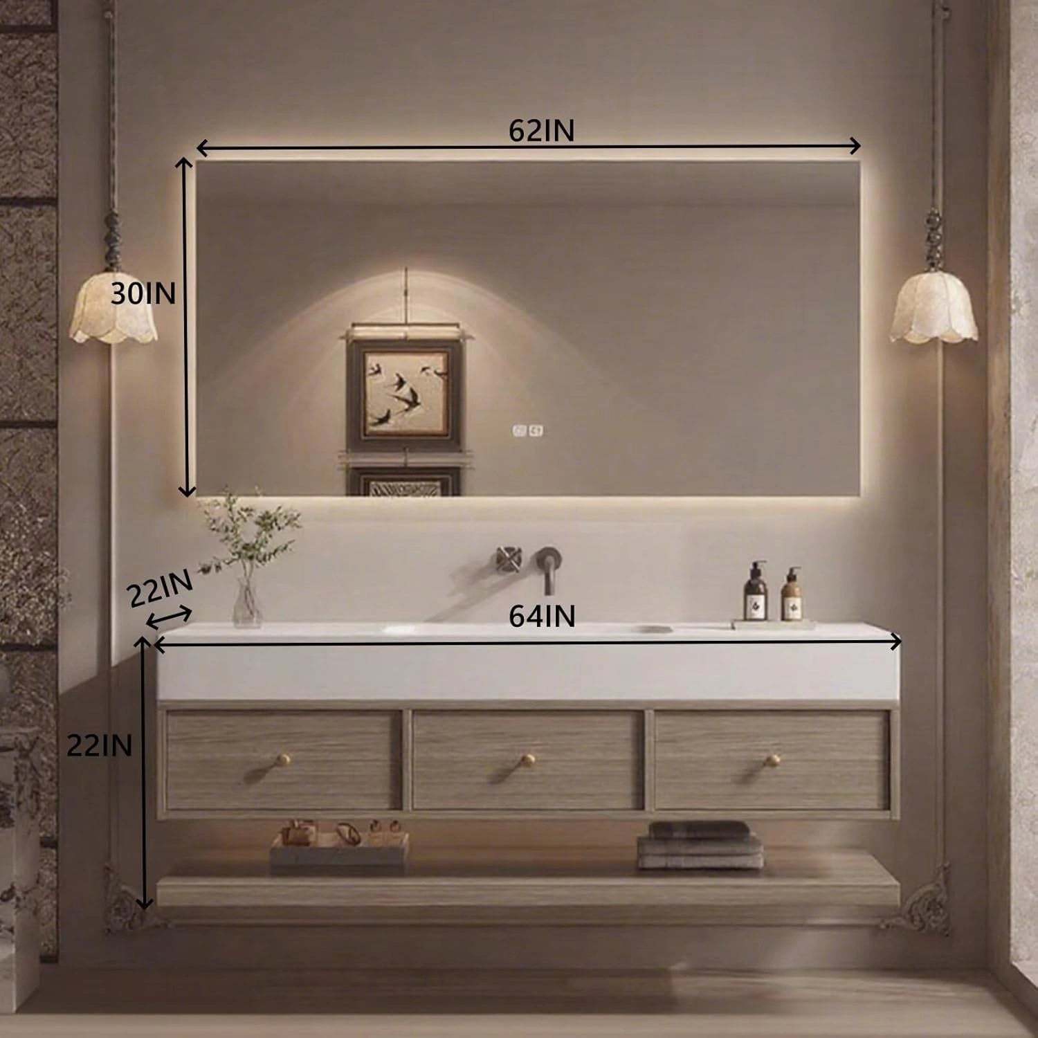60” - 68” Retro Exquisite Bathroom Vanity Includes Wood Grain Cabinets & Open Shelving