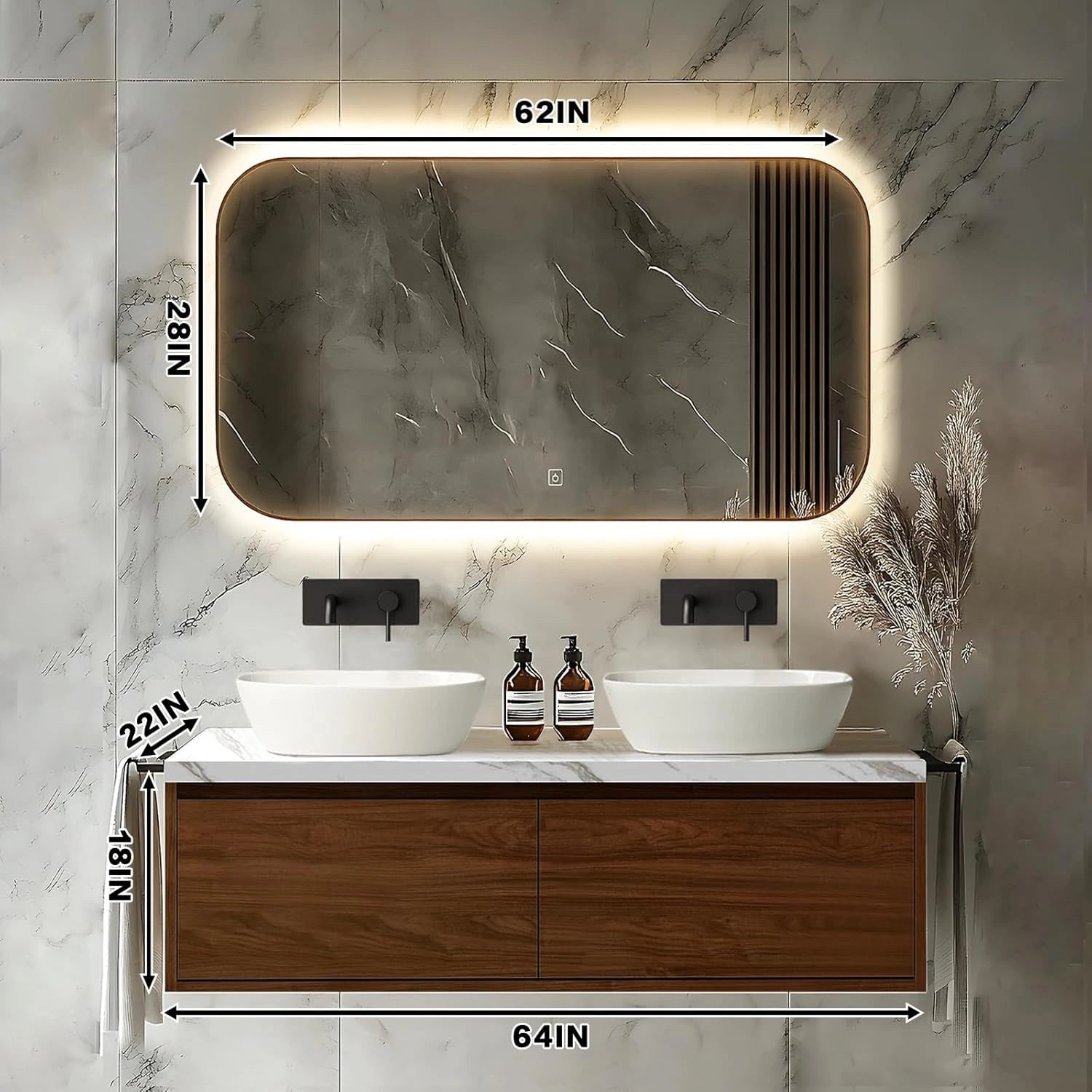 60” - 72” Modern Simple Bathroom Vanity Includes Hidden Handle & LED Smart Mirror