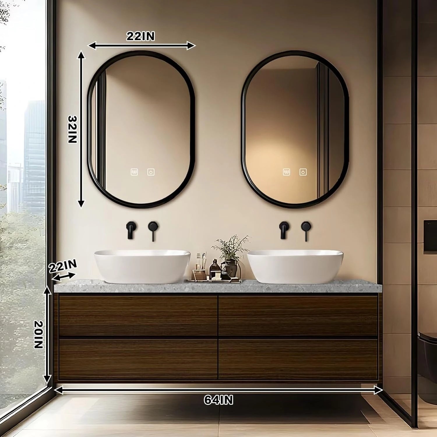 60” -78” Dark Wood Bathroom Vanity Includes Symmetrical Locker Design & Double Sinks