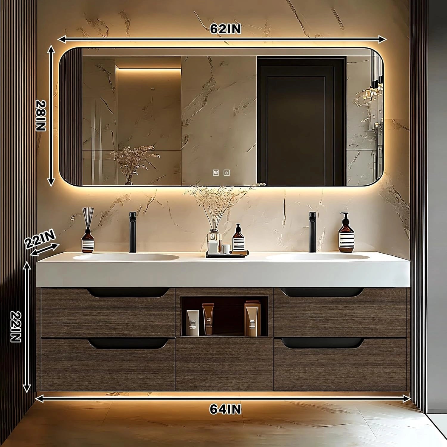 60” - 78” Light Luxury Bathroom Vanity Includes Brown Textured Cabinet