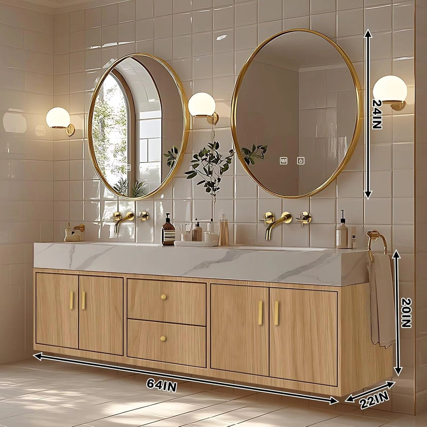 60” - 96” Wall-Mounted Bathroom Vanities with Integrated Double Sinks
