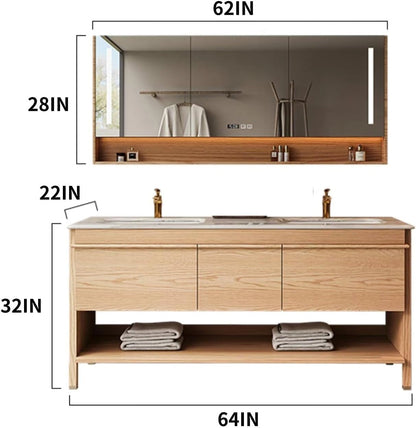 60” - 76” Brown Wood Bathroom Vanity with Hidden Handles Design & Ceramic Basin