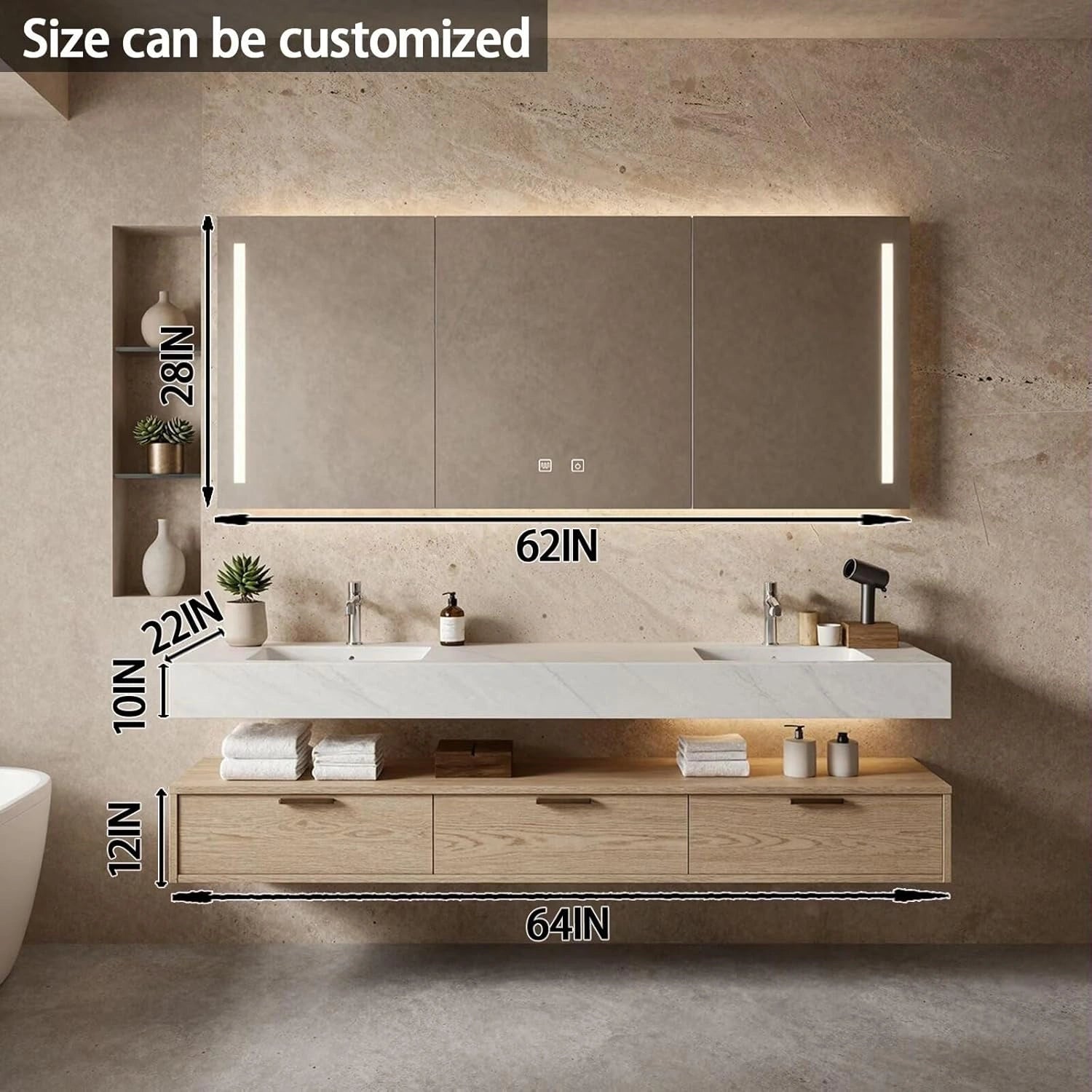 60” - 84” Wood Grain Bathroom Vanity with LED Lighting & Double Sink