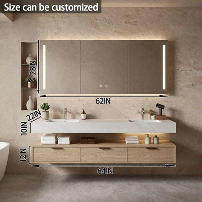 60” - 84” Wood Grain Bathroom Vanity with LED Lighting & Double Sink