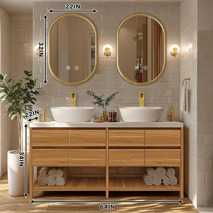 60” – 96” Natural Bathroom Vanity with Hidden Door Handle & Double Sinks