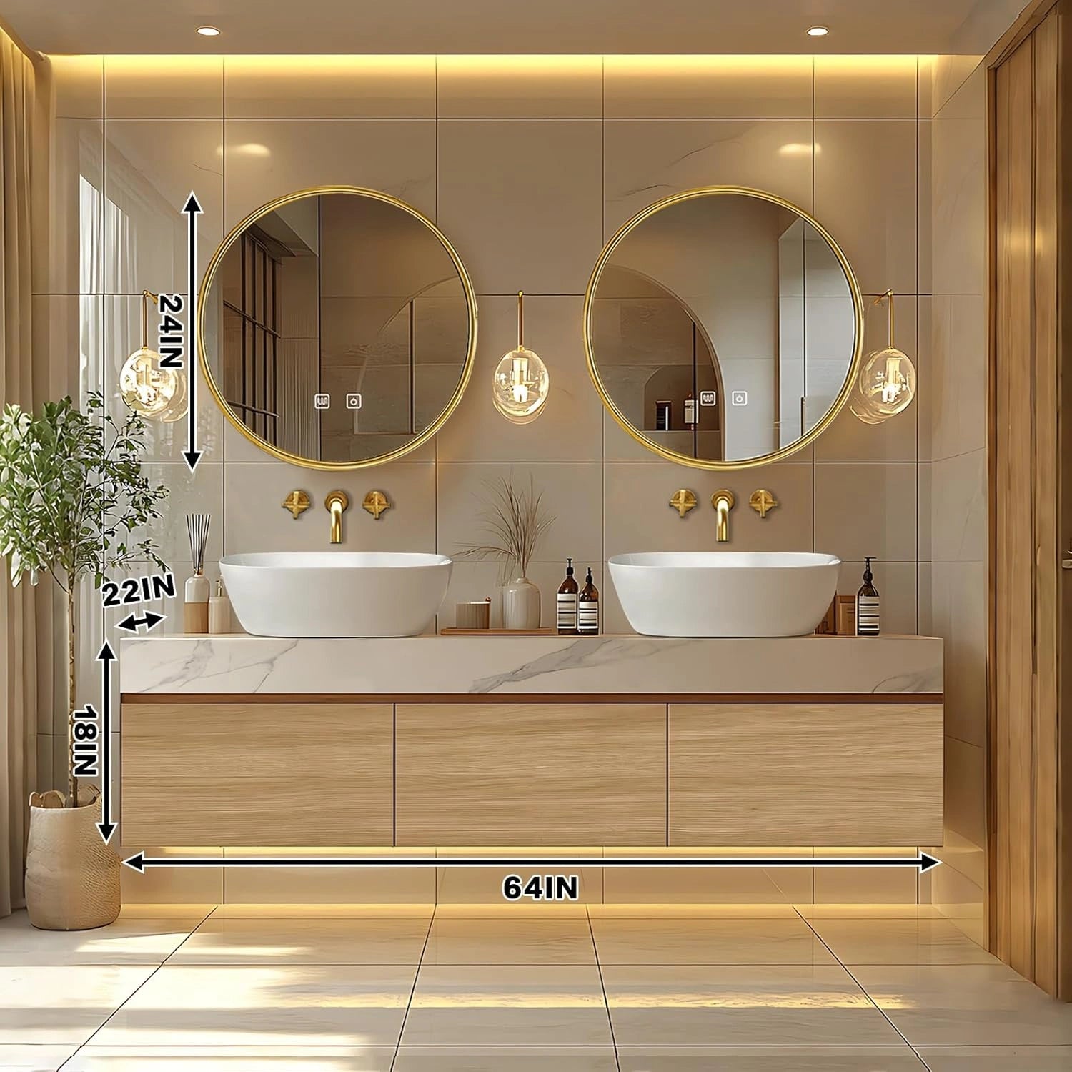 60” - 96” Modern Warm Bathroom Vanity Includes Textured Rock Slab