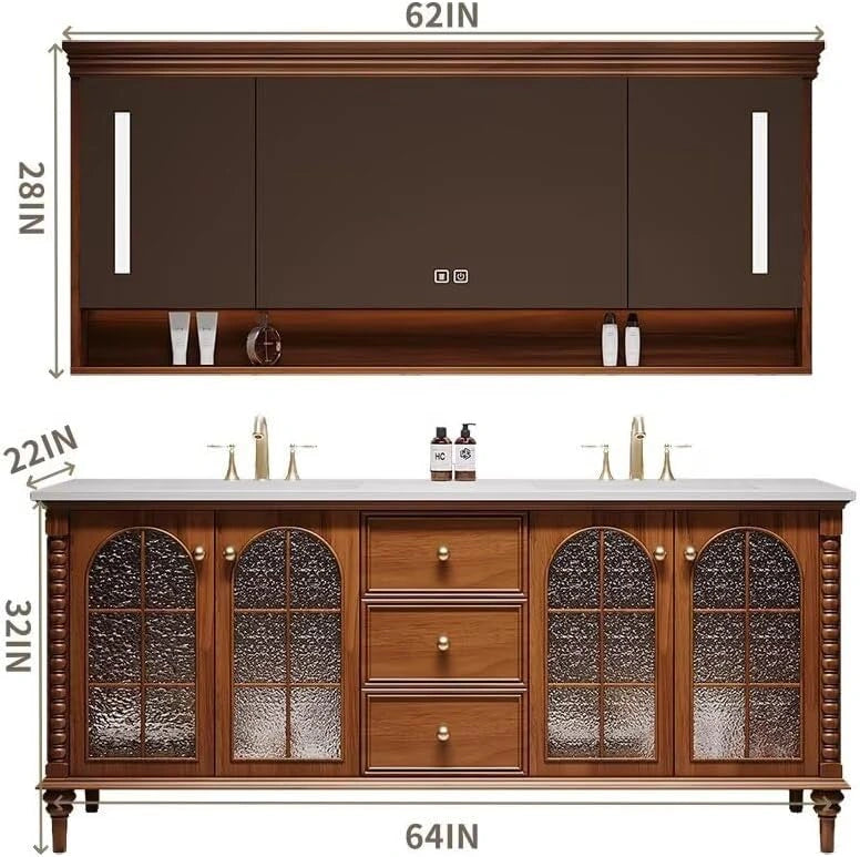 60” - 76” Retro Bathroom Vanity with Glass Door Design and Open Storage Rack