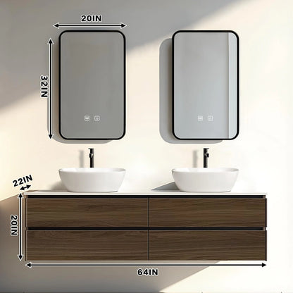 60” - 78” Dark Brown Bathroom Vanity with Four Large Drawers & Above Counter Sinks