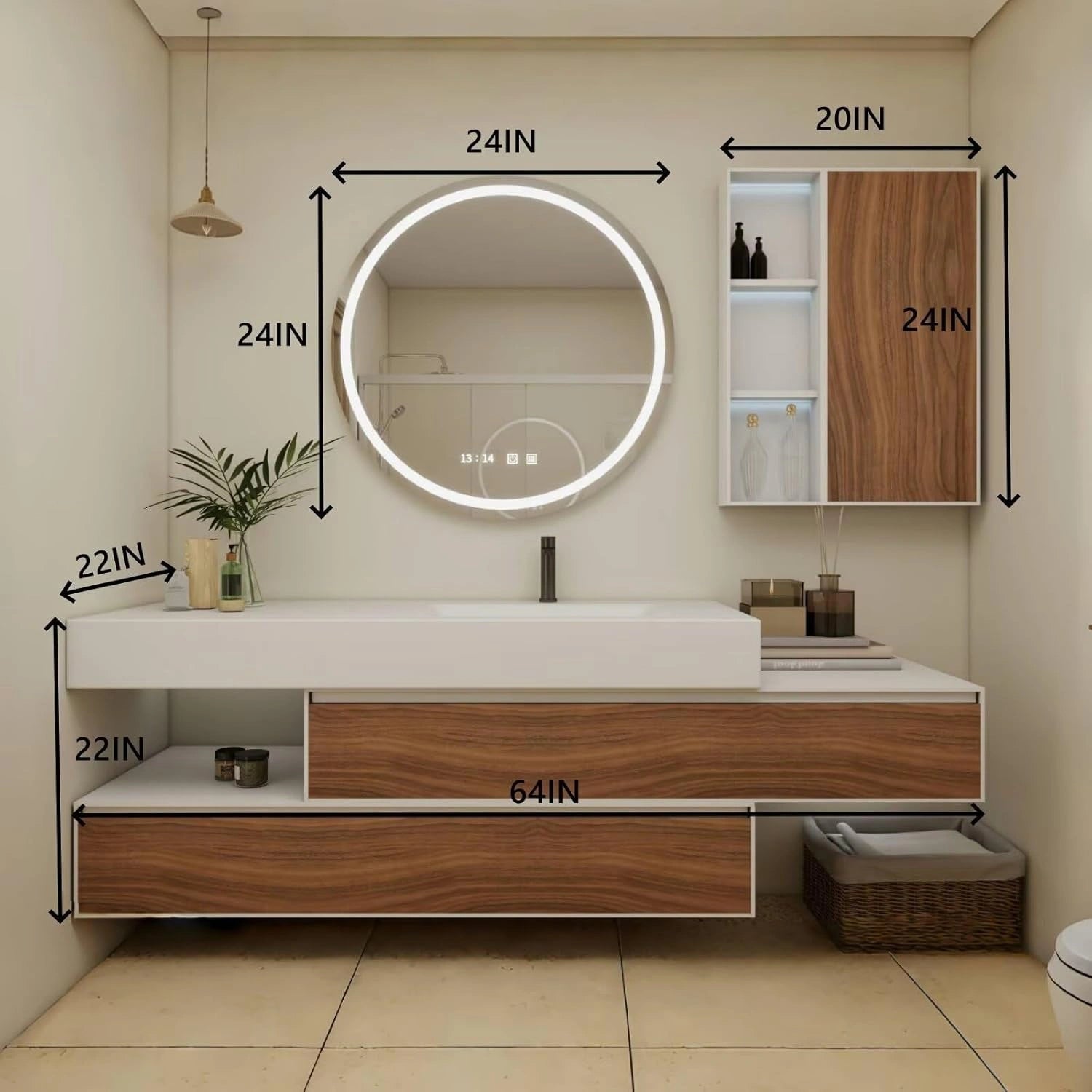 60” - 68” Unique Floating Bathroom Vanity with Mirror Side Cabinet