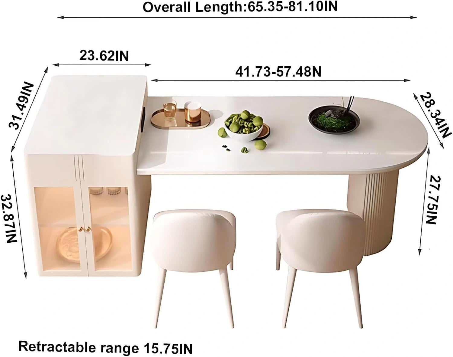 57” – 65” Luxury White Kitchen Island with Storage Includes Glass Door