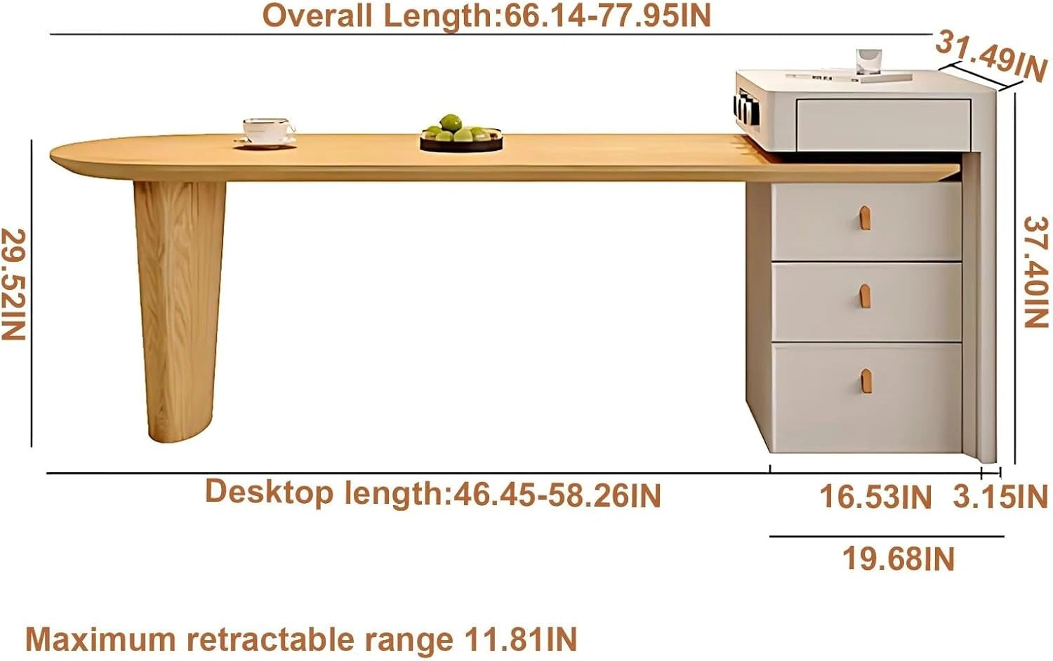 58” - 74” Unique Log Kitchen Island Includes Movable Guide Socket & Retractable Table (No Chair)