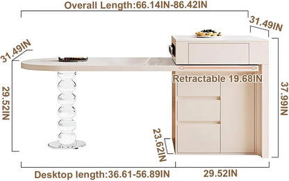 66” - 82” White Kitchen Island Includes Unique Table Leg Design & Slide Rail Socket (No Chair)