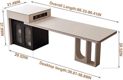 66” - 82” Simple Cozy Kitchen Island Includes Unique Hollow Design Base & Glass Cabinet (No Chair)