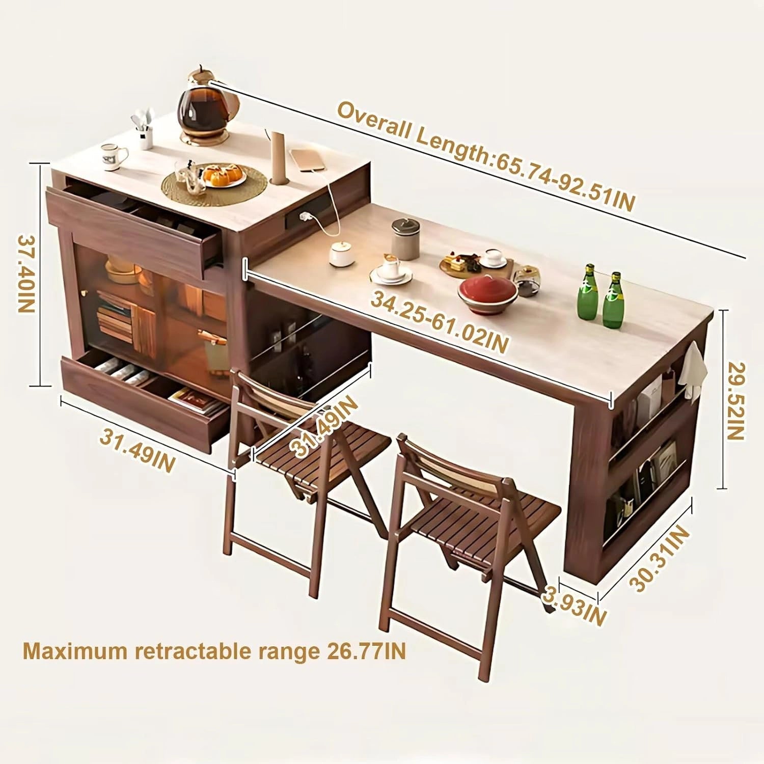 50” - 66” Modern Luxury Kitchen Island Includes Sliding Rail Socket (No Chair)