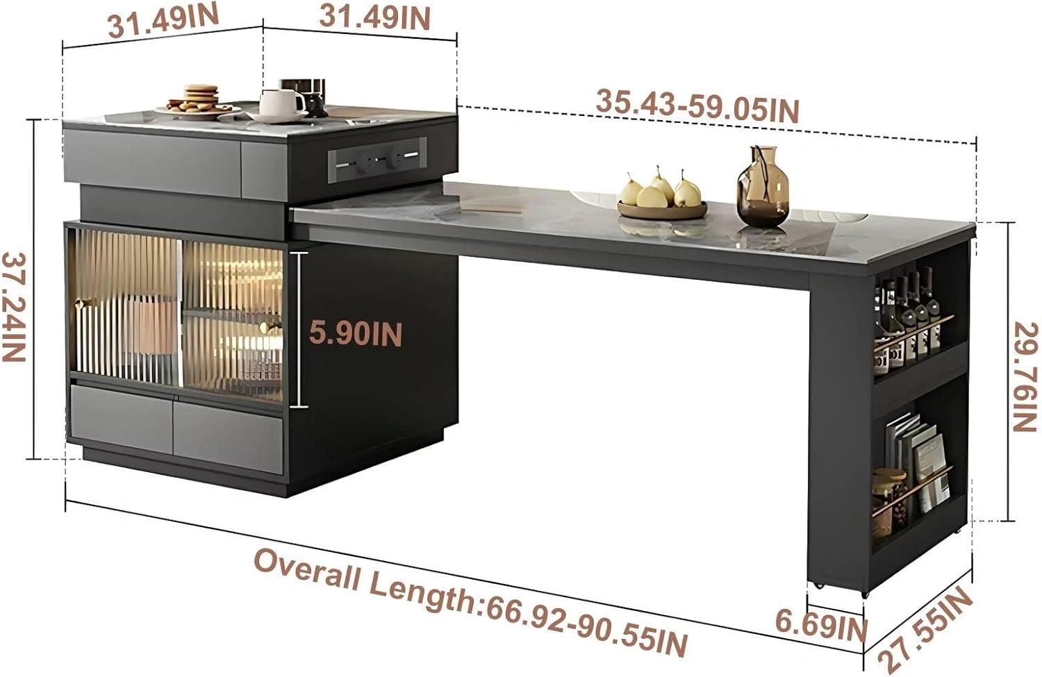 51” - 67” Grey Luxury Kitchen Island Includes Striped Glass Cabinet (No Chair)