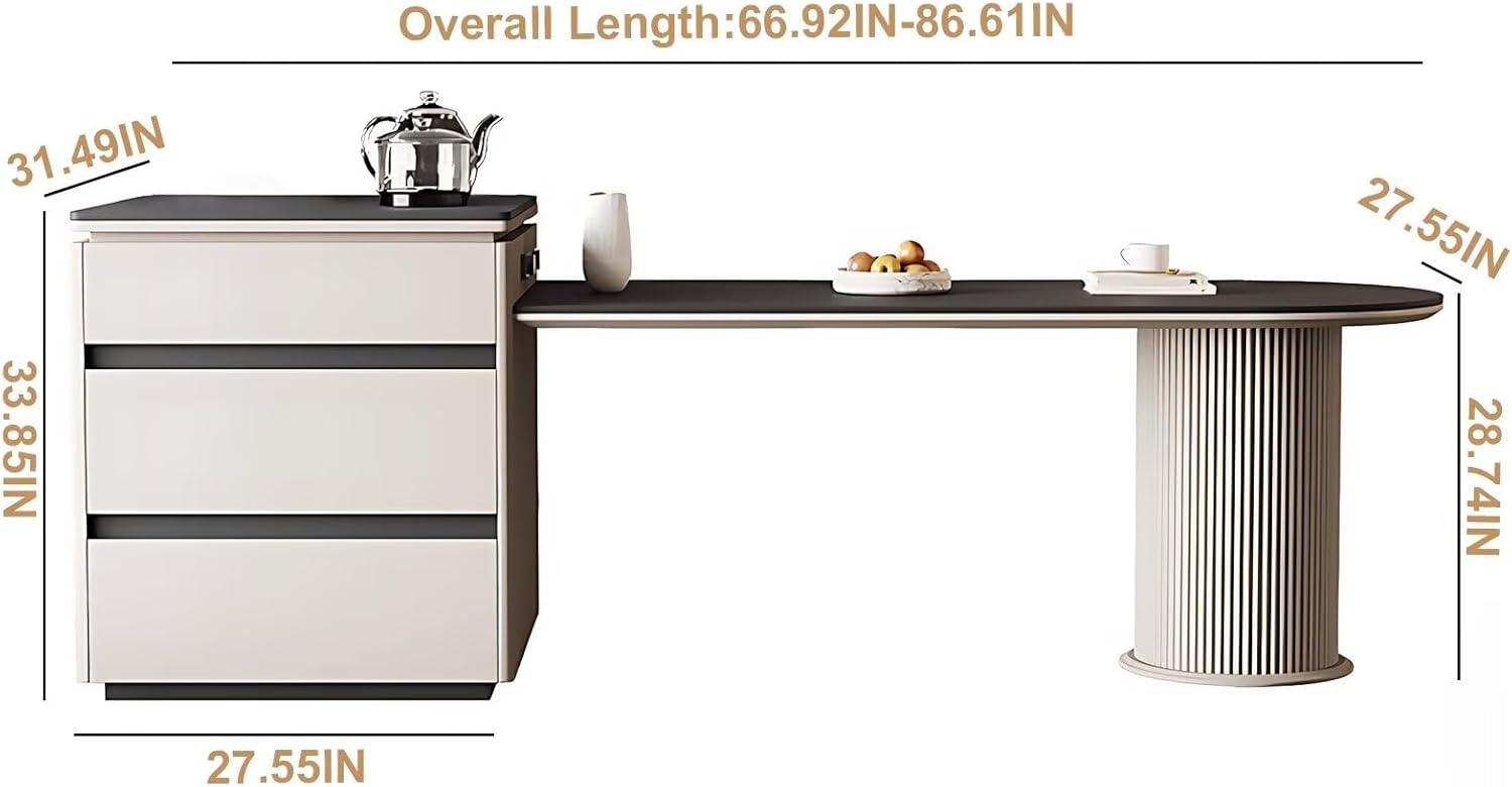 55" - 67" Elegant Cozy Kitchen Island with Cylindrical Striped Table Foot & Curved Tabletop (No Chair)