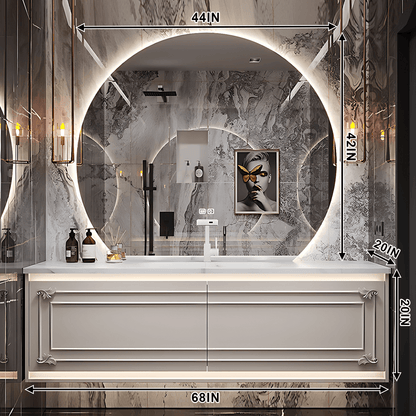 36"- 72" White Wall Mounted Bathroom Vanity with Single Sink and Round Smart LED Mirror