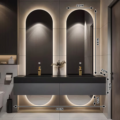 56''-78'' Wall Mount With LED Light And Oval Mirror And Grey Countertop With Double Sink
