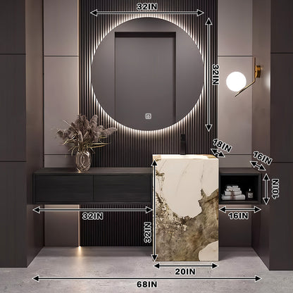 52"- 72" Round Mirror With LED Lighting And Black color Single Basin And Sink
