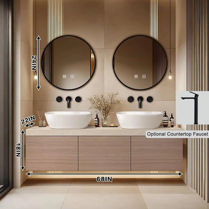 60” – 96” Minimalist Floating Bathroom Vanity with Ceramic Vessel Sinks