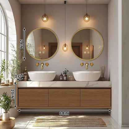 60” - 84” Minimalist Cozy Bathroom Vanity Includes Round Mirrors & Log Style Cabinet