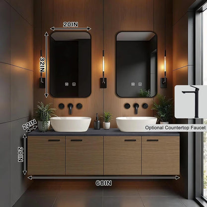 60” - 84” Brown Practical Bathroom Vanity with Black Slate Countertop and Wood Grain Cabinet