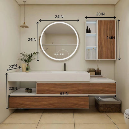60” - 68” Unique Floating Bathroom Vanity with Mirror Side Cabinet