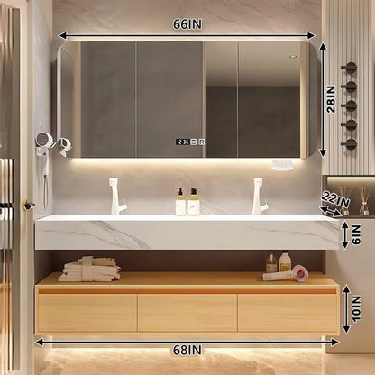 60” - 78” Modern Log Bathroom Vanity with Double Sinks Includes Rock Slab Integrated Sink