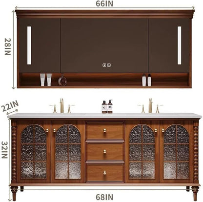 60” - 76” Retro Bathroom Vanity with Glass Door Design and Open Storage Rack