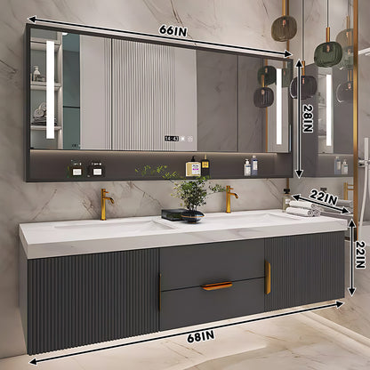 40"- 78" Solid Wood Wall Mounted Bath Vanity Set with Defogging Mirror and Ceramic Basin