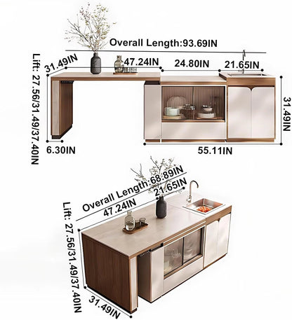 67” – 93” Simple Beige Kitchen Island Includes Retractable and Liftable Design (No Chair)