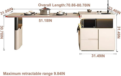 71” - 91” Flexible Kitchen Island Includes Integrated Slate Sink & Retractable Table (No Chair)