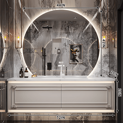 36"- 72" White Wall Mounted Bathroom Vanity with Single Sink and Round Smart LED Mirror