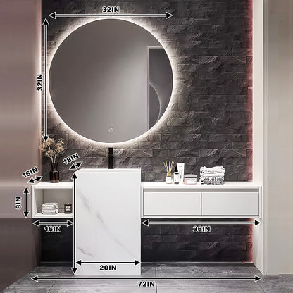 56"- 72" Freestanding Single Ceramic Sink With Round Smart Led Mirror