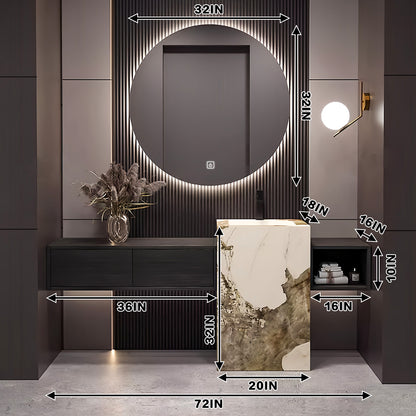 52"- 72" Round Mirror With LED Lighting And Black color Single Basin And Sink