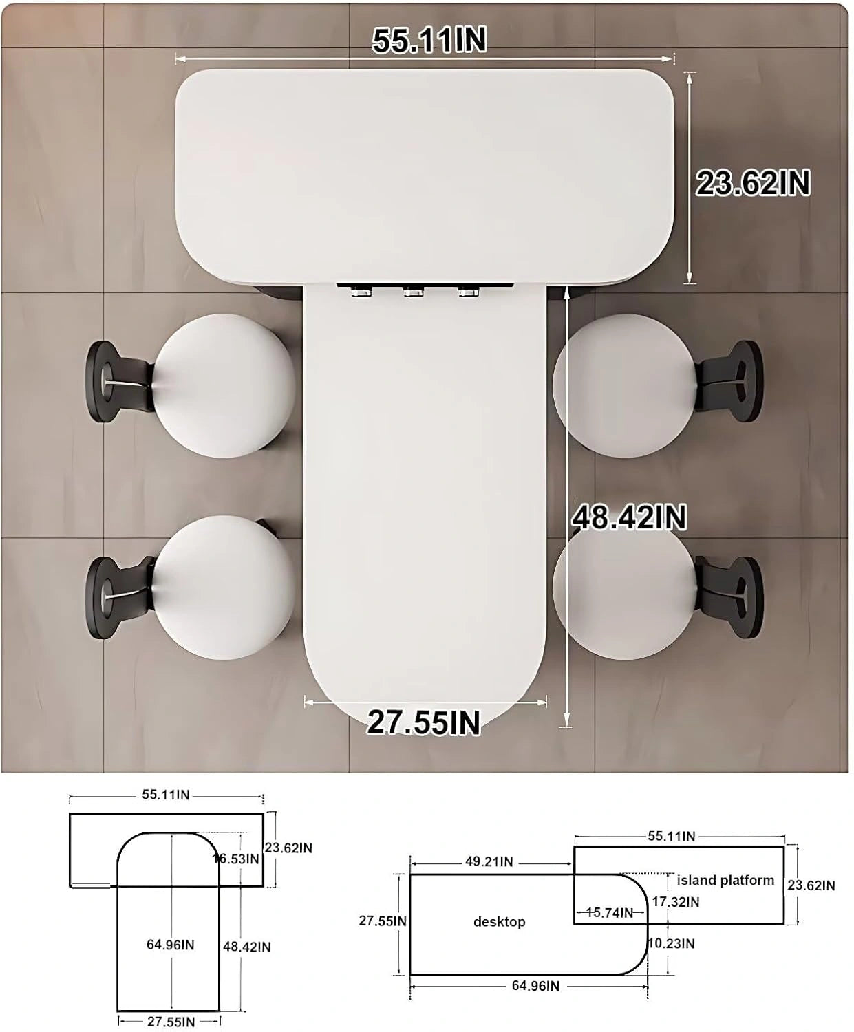 64” - 80” Black Luxury Kitchen Island with Mobile Guide Socket (No Chair)