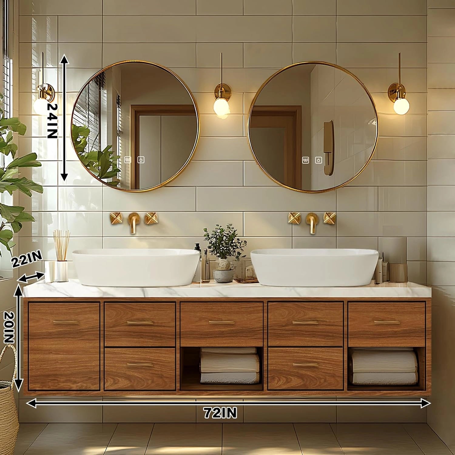68” - 92” Modern Log Bathroom Vanity Includes Patterned Countertop