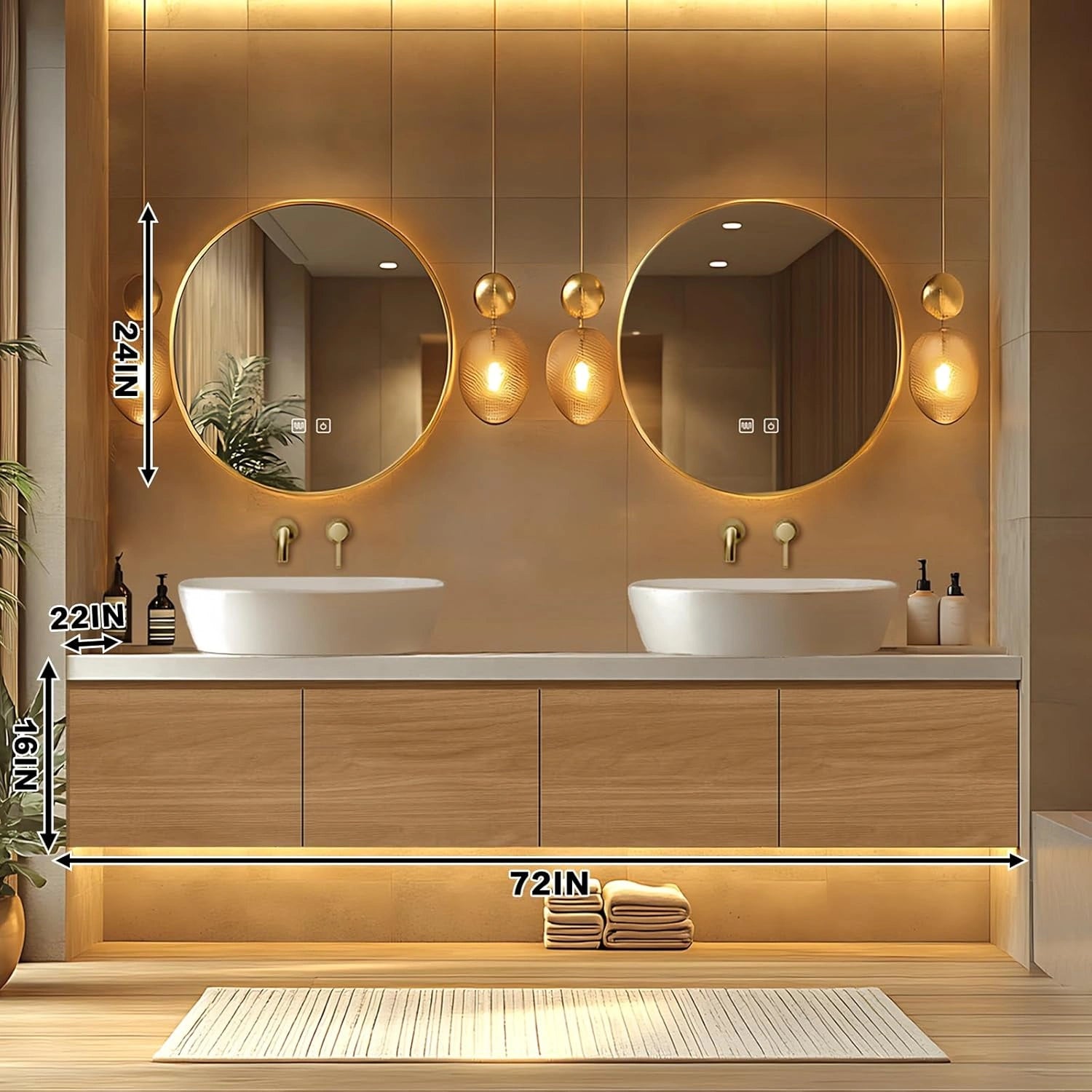 68” - 88” Modern Exquisite Bathroom Vanity Includes Above Counter Sinks & Round Mirrors