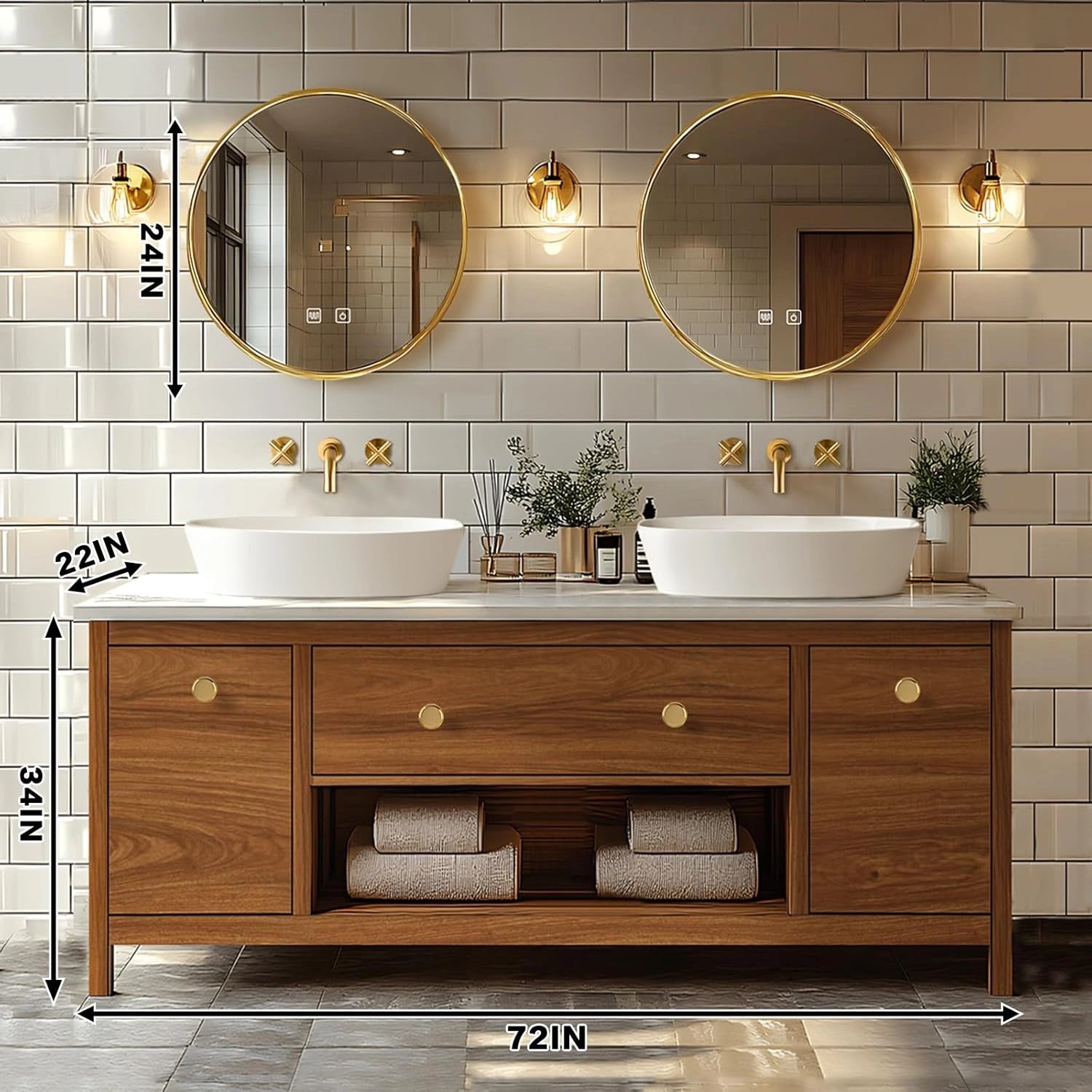 68” - 96” Exquisite Wood Bathroom Vanity with Open Storage Rack
