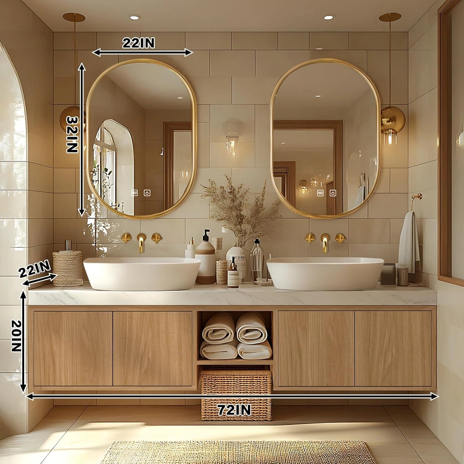 68” - 96” Simple Cozy Bathroom Vanity with Irregular Mirror & Open Storage Rack