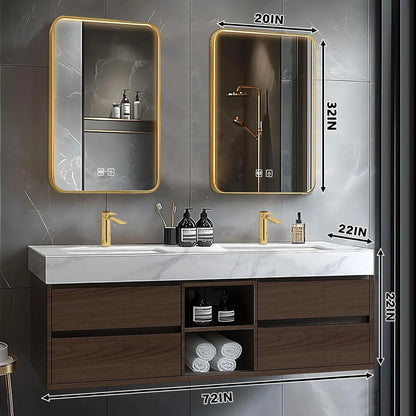 60” - 78” Brown Elegant Bathroom Vanity with Double Sinks Includes Symmetrical Drawer