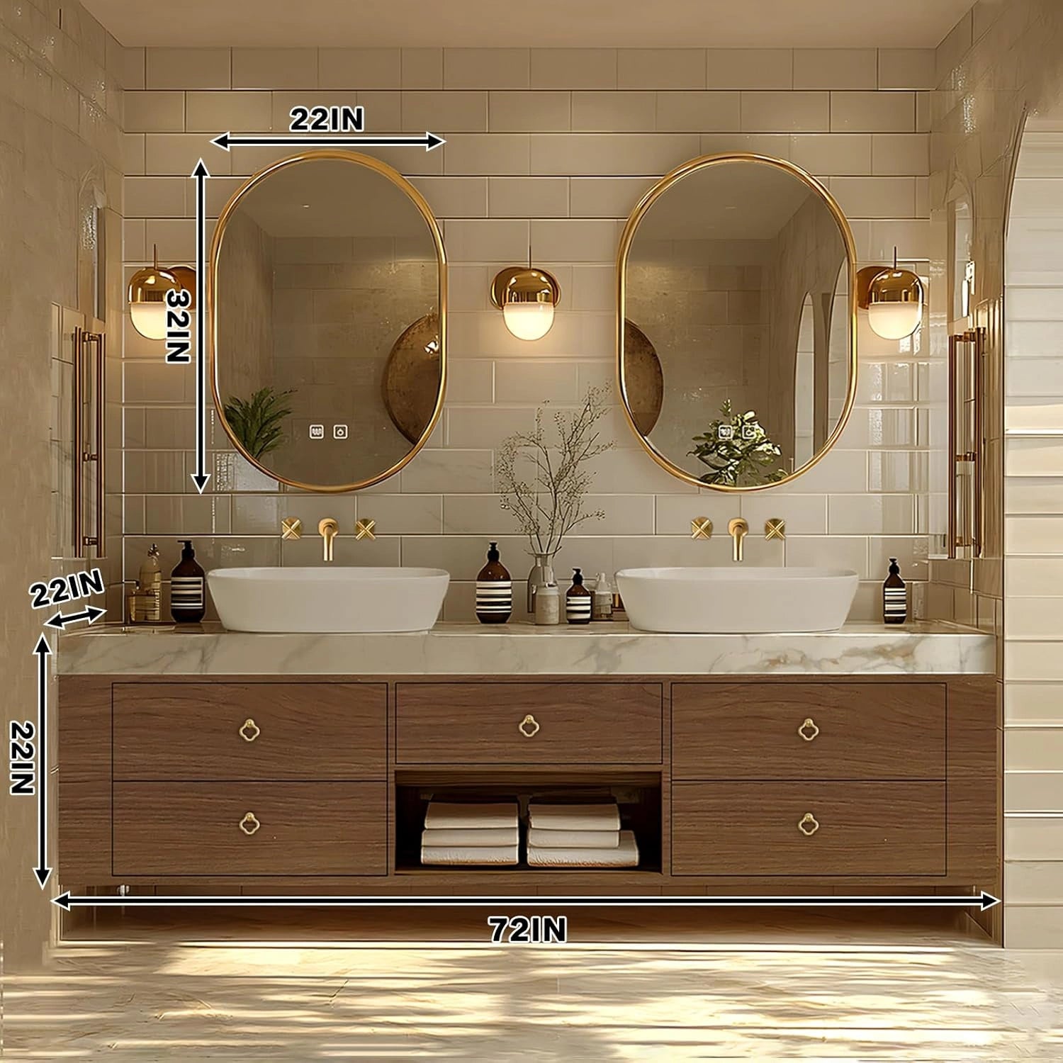 68” - 80” Retro Simple Bathroom Vanity Includes Solid Wood Cabinet & Round Mirror