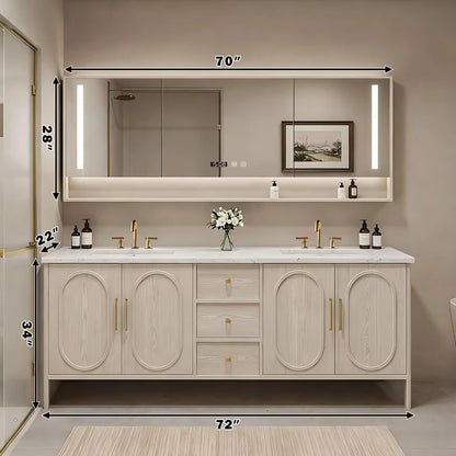 68” - 84” French Bathroom Vanity Includes Beige Wood Grain & Curved Ornamentation