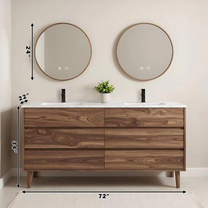 60” - 84” Free Standing Bathroom Vanity with Round Smart Defogging Mirror
