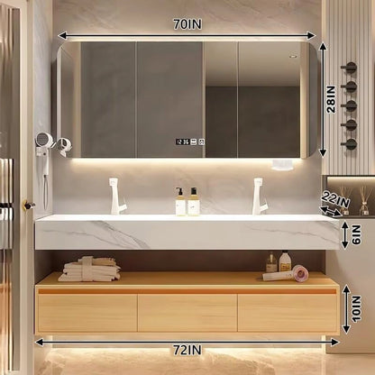 60” - 78” Modern Log Bathroom Vanity with Double Sinks Includes Rock Slab Integrated Sink